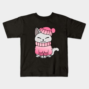 Cute Cozy Colorful Snow Winter Cat Kitty Kids T-Shirt